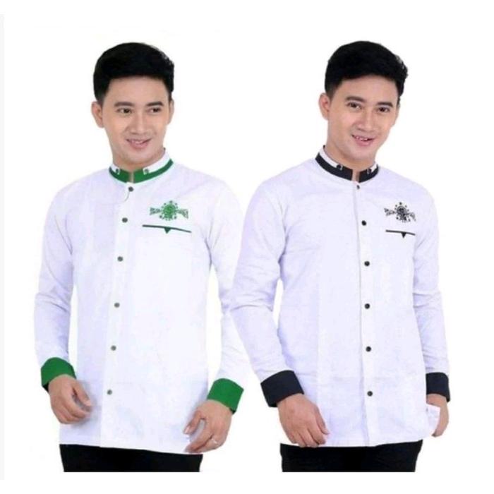 BAJU koko NU pria Dewasa Putih Lis hijau Lis hitam Kerah dobel