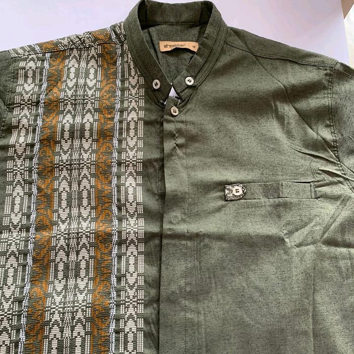 Baju Koko Pria Lengan Panjang AL-ZABBAR Original Warna Army Kombinasi Batik