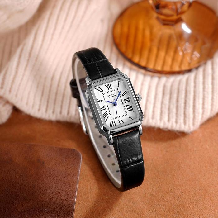 Jam Tangan Wanita Segi Empat Tali Kulit Vintage Angka Romawi Korea Aesthetic---nv13h