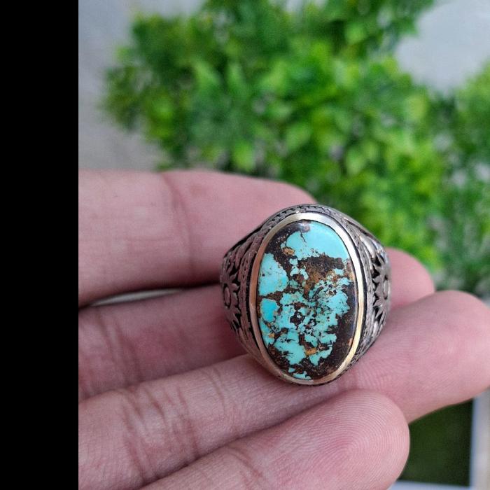 Natural Pirus Persia Origin Iran Warna Hijau Serat Emas Kombinasi Merah Tembus Daging Ring Alpaka Su