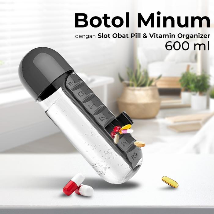MalakuMall | Botol Minum Plastik | dengan Slot Obat | Vitamin BPA Free 600ml