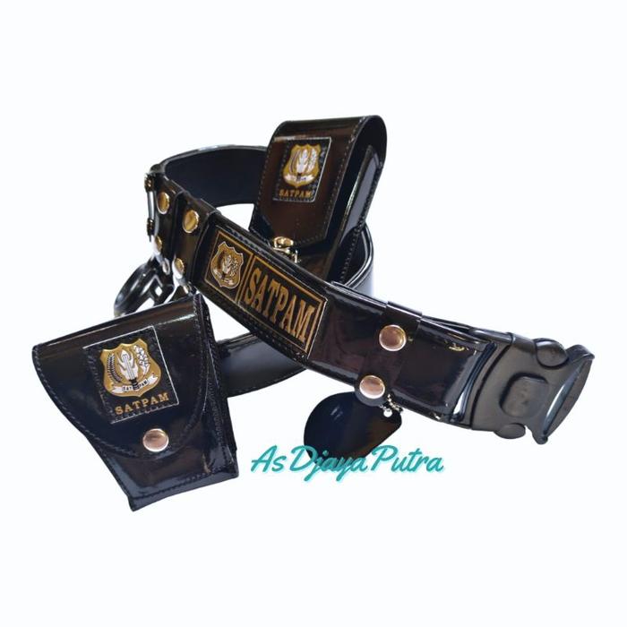 Kopel satpam sabuk security hitam kilap gesper klik (Sarung hp 1slot + sarung borgol)