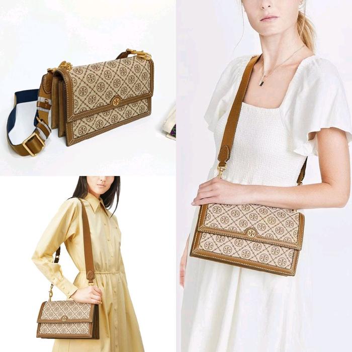 TB T MONOGRAM JACQUARD  CROSSBODY HAZELNUT 27x17x8