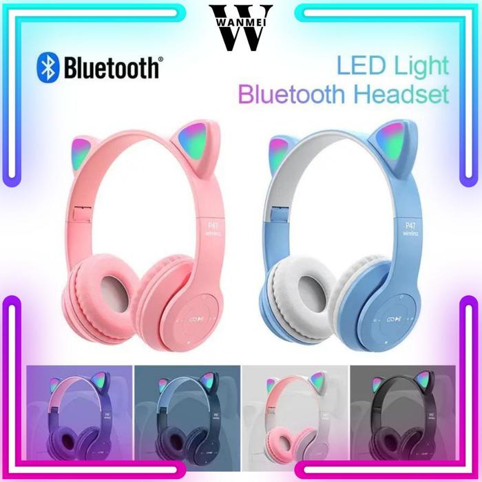 WM Headphone Bluetooth P47M Earphone Kucing Wireless With Mic Suara Stereo Headset Bando