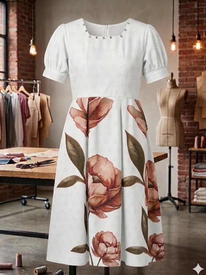 Midi Dress Kasual Aesthetic Baju Terusan Wanita Motif Bunga Emerald Floral Korean Puffy Sleeves Baha