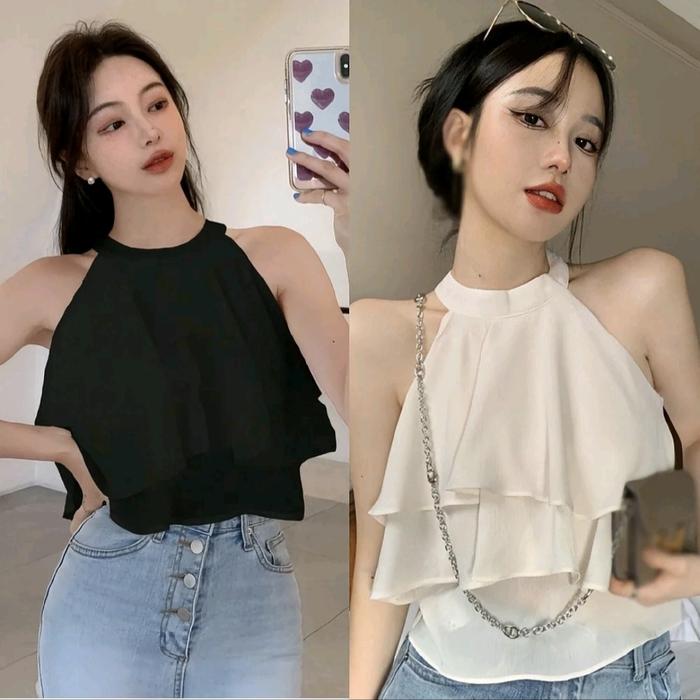 Crop Top Atasan Wanita Halter Neck Ruffle