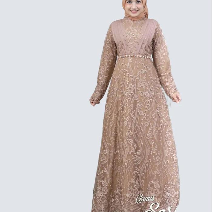 Gamis Wanita Muslim Full Payet Bahan Tulle Mutiara Elegan Mewah Brukat Premium Resleting Belakang Si