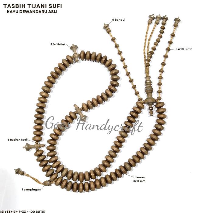 Tasbih Tijani Sufi kayu Langka DEWANDARU Asli ukuran 8x14 mm isi 100 butir