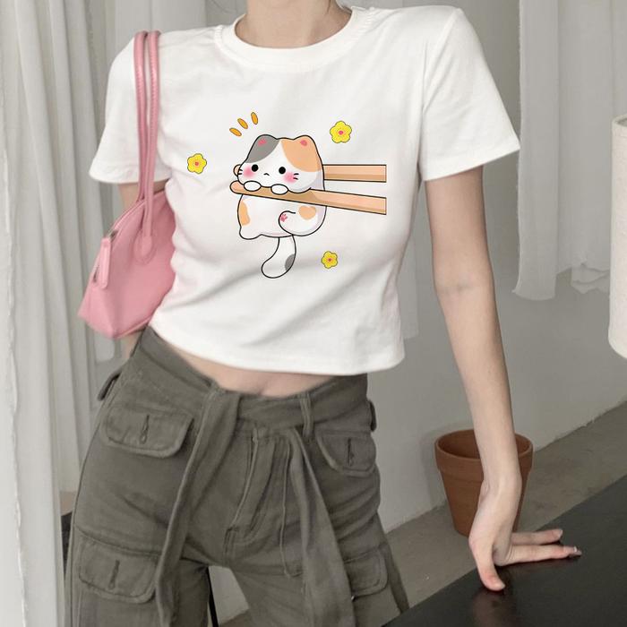 YlKOO - Crop Top Kaos Cetakan Kucing Gemuk Yang Lucu T Shirt Lengan Pendek Wanita Baju