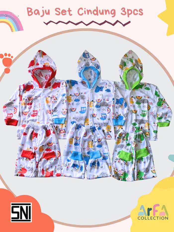 Setelan Baju Bayi 3Pcs Cindung Motif Random Unisex 3-12 Bulan Desain Menarik & Nyaman untuk Bayi Lak