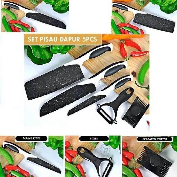 Pisau Dapur 5 Pcs Knife Kitchen Set 5in1 Ceramic Peeler - Lapisan Granit dan Batu Maifan
