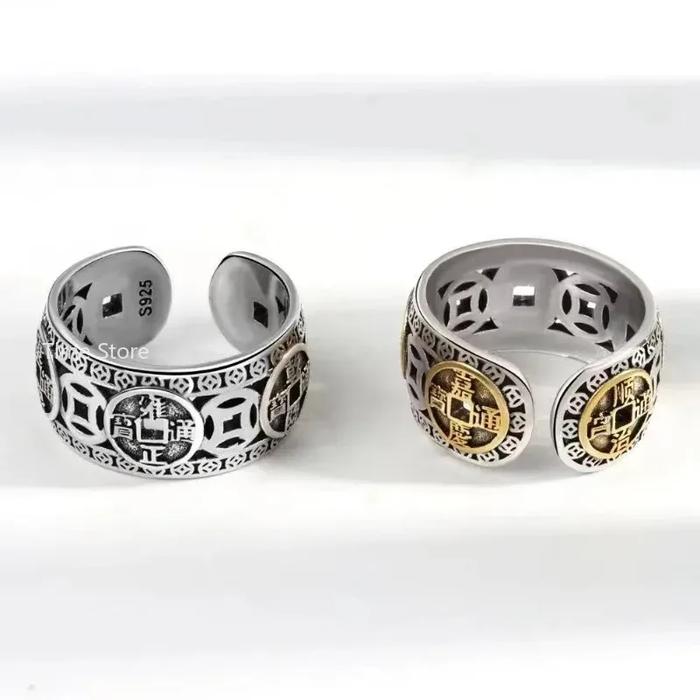 Chinese Style Vintage Copper Coin Opening Ring for Men Women Unisex Feng Shui Pixiu Rings Amulet Wea