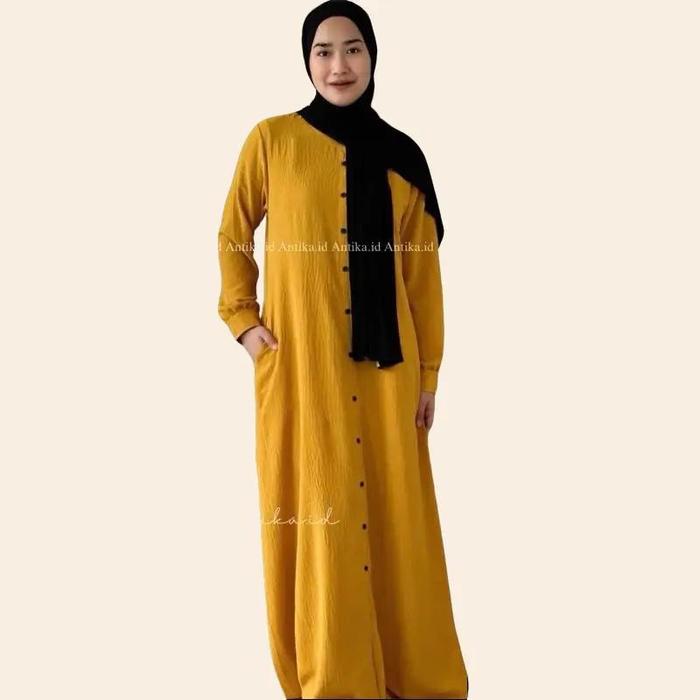 Antika.id - Gamis Khadija Crinkle Polos Full Kancing – Gamis Panjang Wanita Syar’i – Wudhu Busui Fri