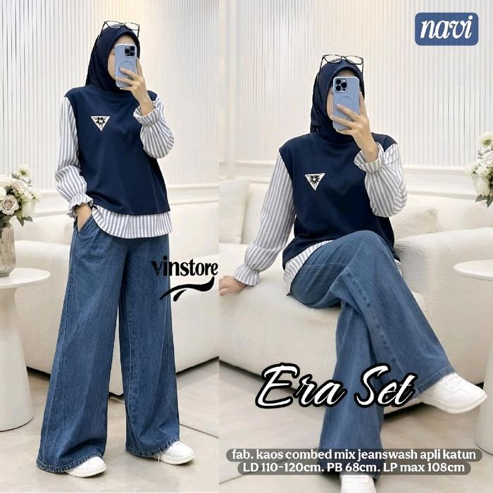 Navi Era Set Setelan Cewek Atasan Kaos Combed Mix Jeanswash Celana Panjang Apli Katun LD 110-120cm P