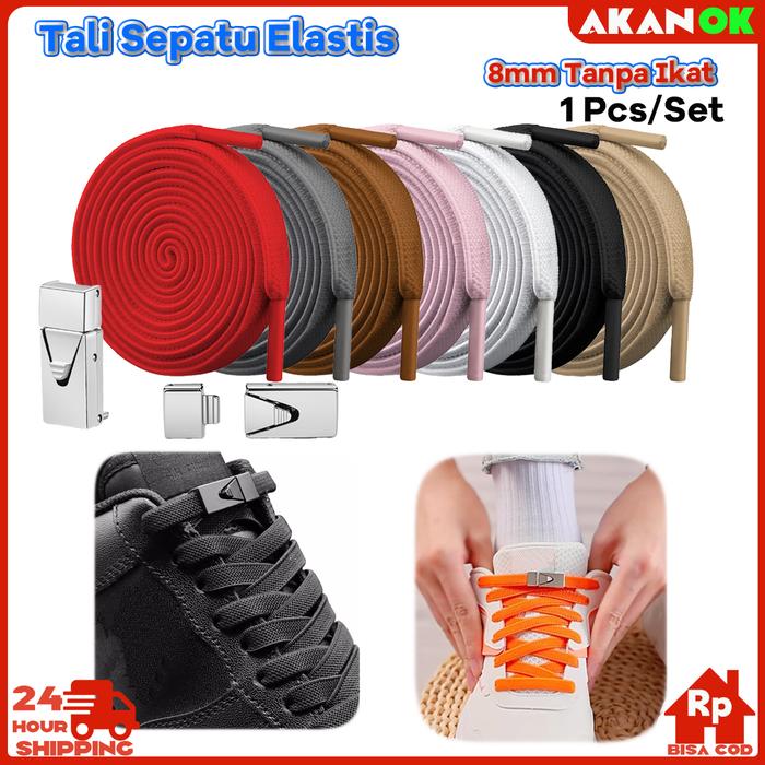 Tali Sepatu Elastis 8mm Tanpa Ikat - Dengan Push Button Buckle Lock Metal, Ganti Sepatu Jadi Slip-On