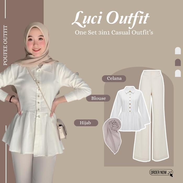 Setelan Wanita 3 in 1 Set Luci Outfit (Celana Cutbray - Blouse - Hijab) Outfit Jalan-Jalan Kekinian 