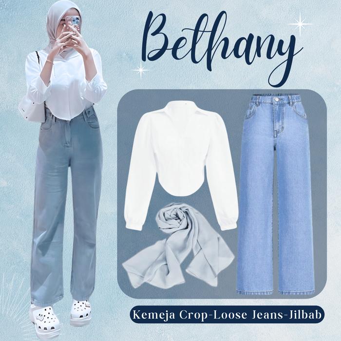 Set Pakaian Bethany - Jeans Longgar 1 Set (Kemeja Crop - Celana Jeans - Jilbab Bella Square) LP112 -