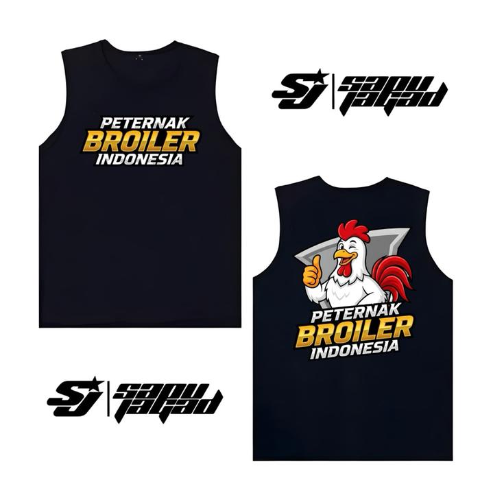 Singlet Peternak Broiler Indonesia Tank Top Hitam dengan Desain Ayam Jantan Berwarna Kuning dan Puti