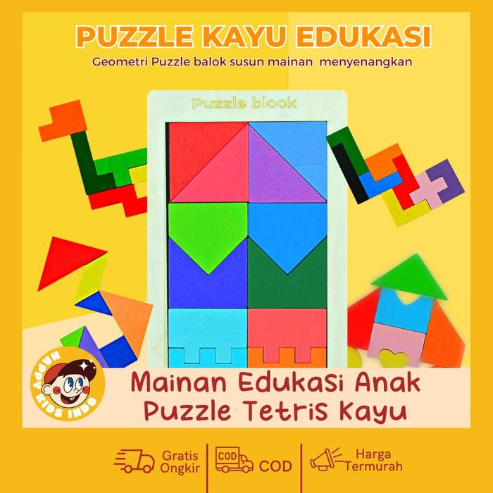 [ HAPPYKIDS ] PUZZLE TANGRAM TETRIS EDUKASI ANAK - PUZZLE TETRIS KAYU WARNA - PUZZLE EDUKASI ANAK | 