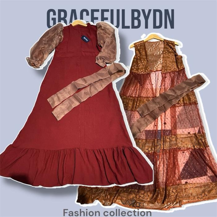 Gracefulbydn Dress - Gamis dengan outer brukat tali pinggang busui friendly merah bata Muslim Wanita