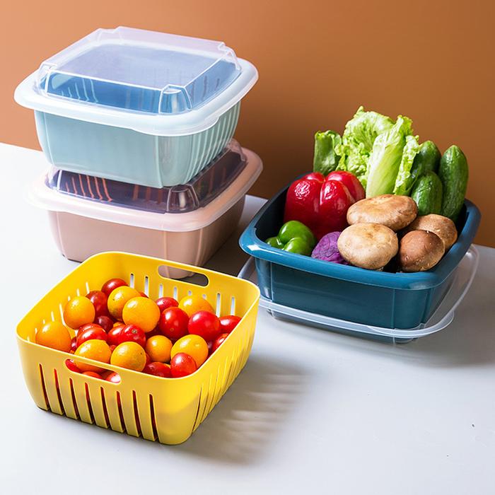 Double-Layer Drain Basket Lid Refrigerator Crisper Multifunctional