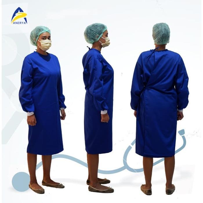 PREMIUM (READY) terjamin Baju APD Surgical Gown / Jubah Operasi bahan Katun Drill biru tua terlaris
