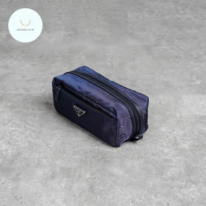 PRADA TRIANGLE NYLON MULTI ZIP POUCH IN NAVY