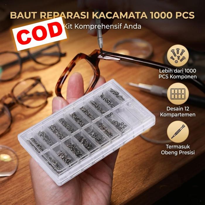 Kacamata Baut Kecil Mini Set 1000 PCS Lengkap Reparasi Engsel Frame Mur Sekrup dengan Kotak Penyimpa