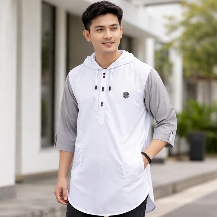 Kurta Hoodie Koko Milenial | Katun Toyobo Putih Silver Baju muslim Pria Dewasa