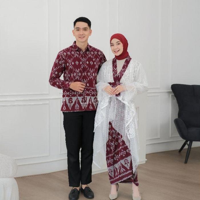 ALFISTORE-WIDURI KEBAYA BURGUNDY Baju Tenun Set Couple Batik Sarimbit Kondangan Lebaran 2025 seragam