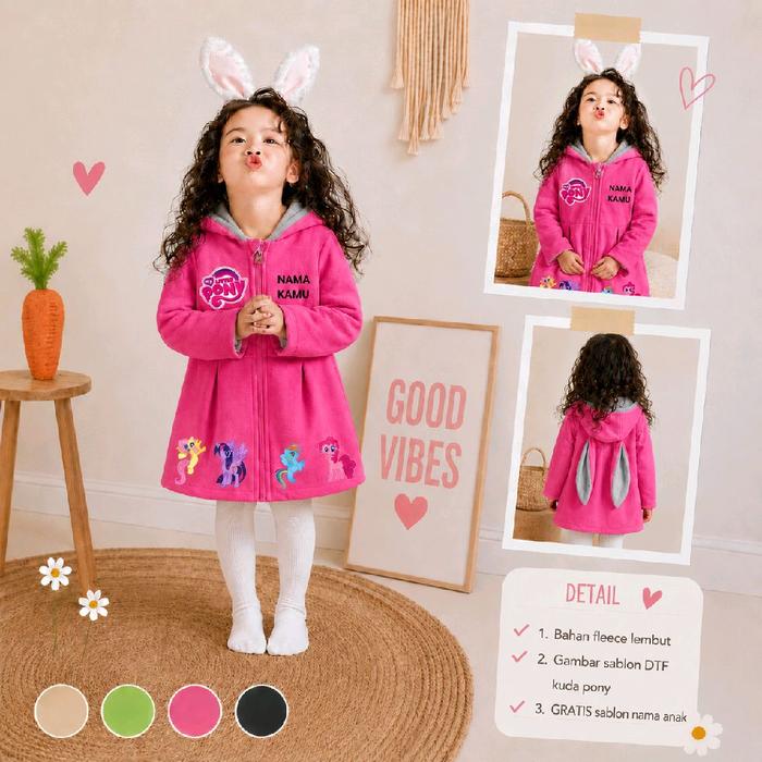 UNICORN Jaket Anak Perempuan Fleece Lambut dengan Gambar Sublimasi DTF Kuda Pony dan Gratis Sablon N