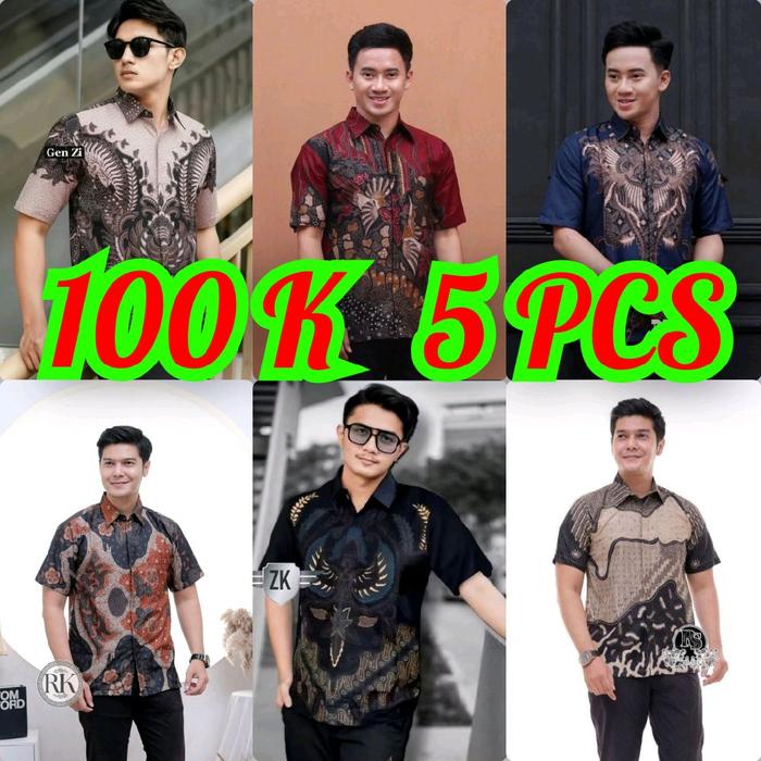 PAKET 5 PCZ Kemeja Batik Premium Lengan Pendek Hitam Dewasa Katun Baju Pria Model Reguler Size M L X
