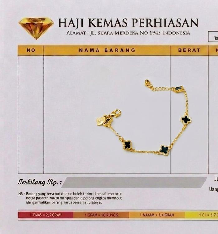 Perhiasan gelang clover emas muda - free nota toko bayar ditempat