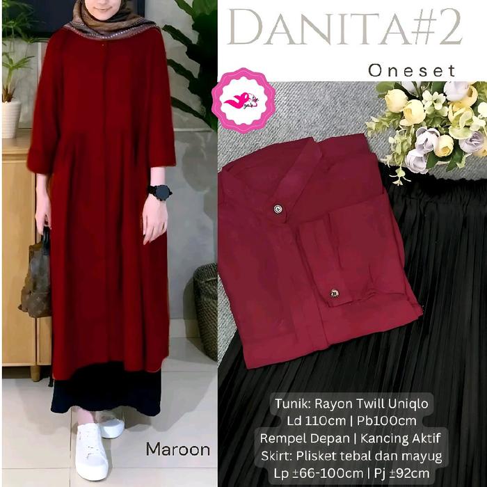 One Set Danita #2 Maroon Setelan Tunik Skirt LD 110 Rayon Twill Uniqlo Mix Plisket Tebal Premium Rea