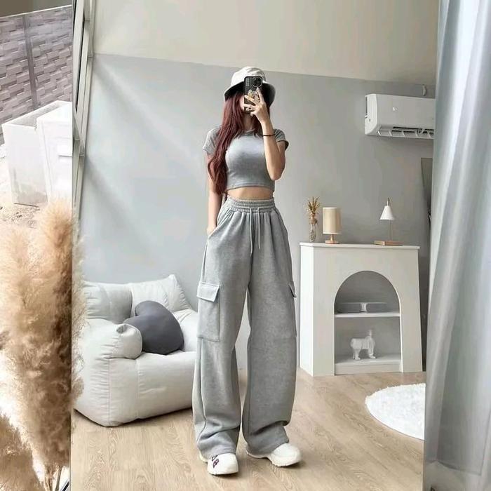 Qalby - Celana Panjang SweetPants Style Kore Kekinian Oversize  Fit Nyaman Pria Wanita Unisex Casual