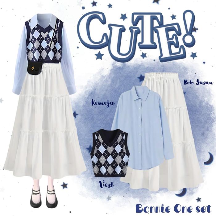Outfit Set Bonnie Setelan ( Kemeja + Rok Susun + Vest Diamond Biru ) One Set OOTD Wanita Kekinian Hi