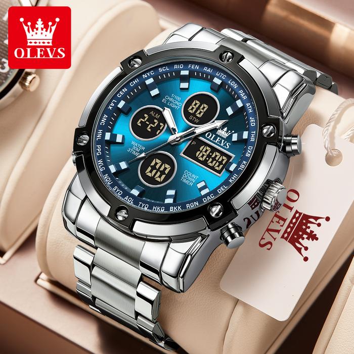 OLEVS Jam Tangan Pria Original 1106 Tali Anti Keringat Tahan Air 30m Stainless Steel Biru Dukung COD