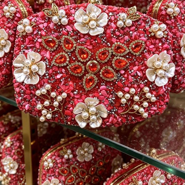 Tas Pesta Wanita Cantik Merah Ruby Dengan Bros Permata Merah Dan Mutiara Kembang Elegan Dan Mewah Un