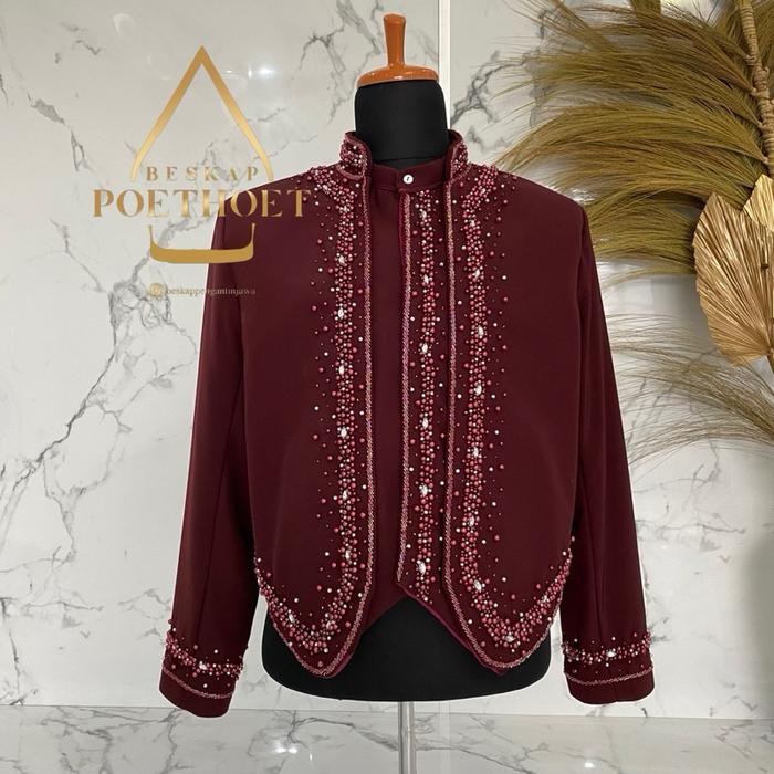 ￼jas pengantin beskap adat jawa Solo hewes merah Maroon payet mix silver mewah premium Pria