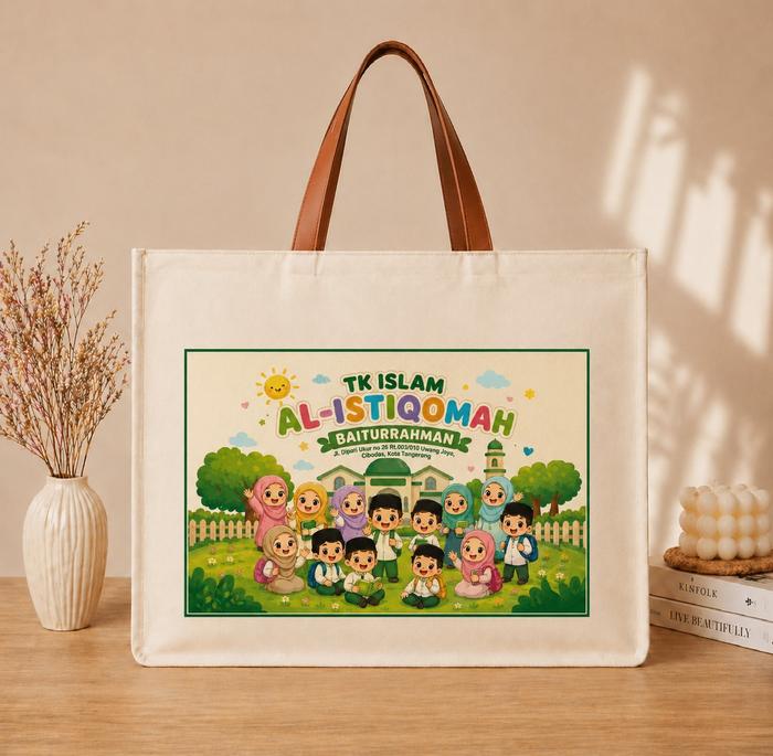 Totebag Kanvas 40x35x10 cm (landscape) Pakai Tali Kulit tebal- tas kanvas - tas promosi - totebag ke