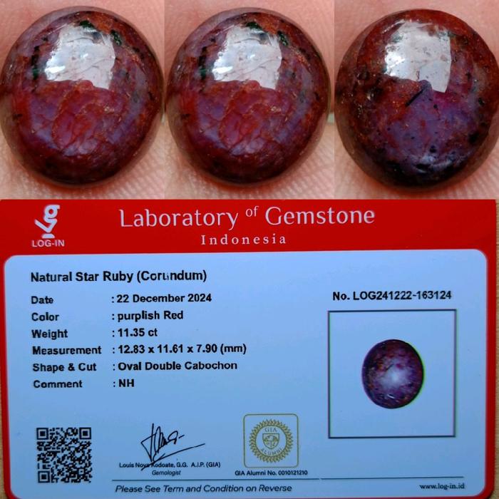 Natural Star Ruby Corundum NTE 11.35 Carats Purplish Red Memo LOG-IN