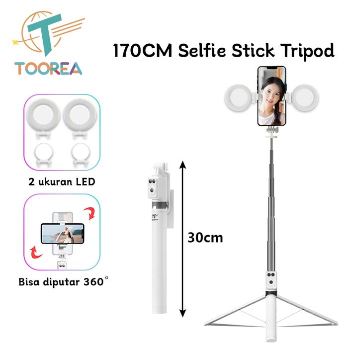 TOOREA Tongsis Tripod Selfie Stick Besar Bluetooth 7 Tombol Bluetooth Selfie Stick Remote with LED B