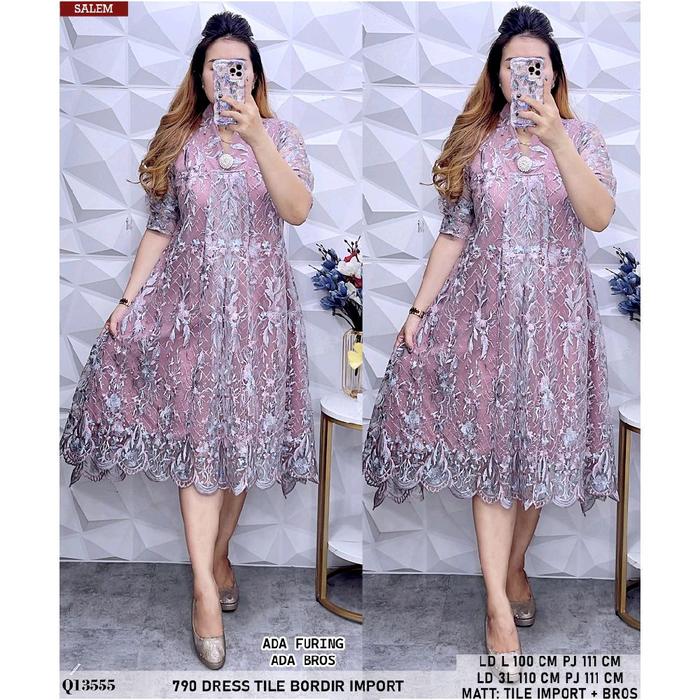Dress brokat tile pink abu muda kuning jumbo ld 110-120