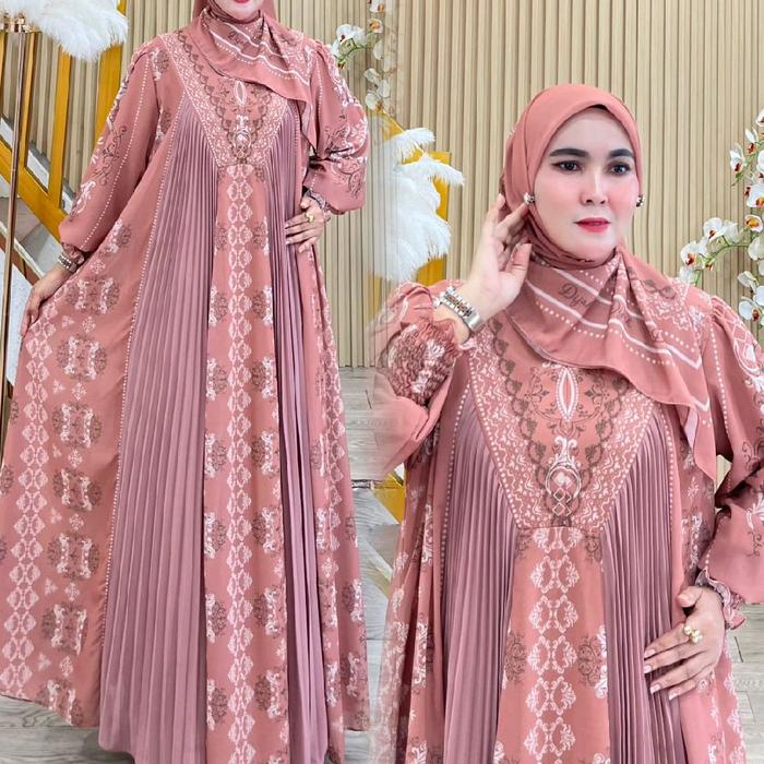 DIJAH PRINT 054 Printing Plisket Series  By dijah Gamis Syari One Set Gamis Motif Cantik