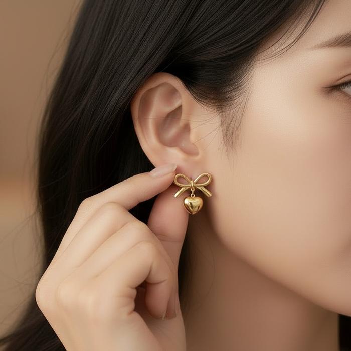 Anting Hati Love Pita Besar Gold Aksesoris Telinga Wanita Elegan Gaya Korea - Giwang Tusuk Love Pita