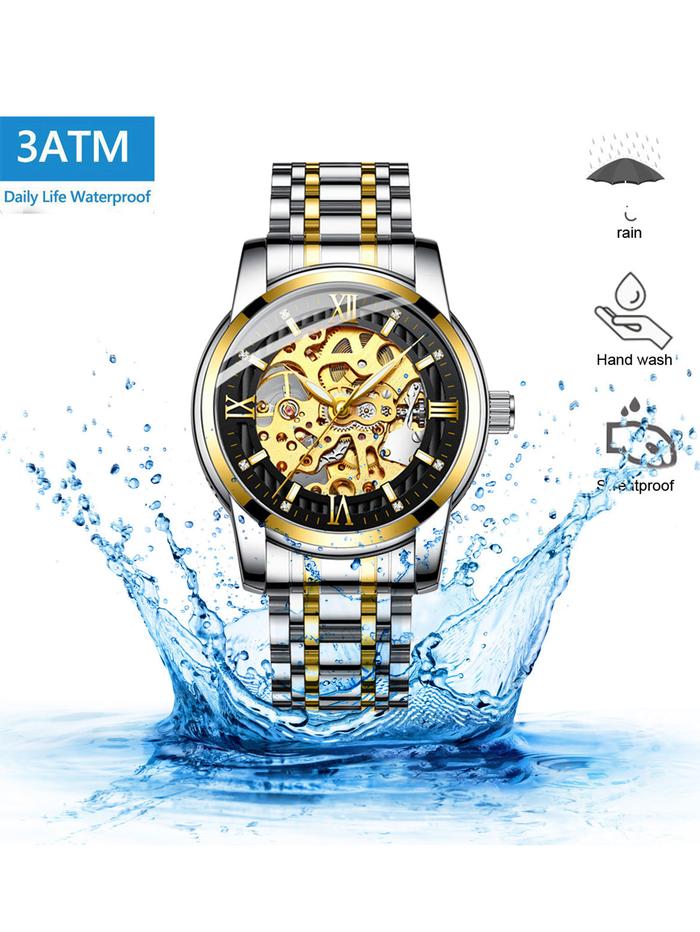 BIDEN Classic Mechanical Watch Luxury Diamond Dial Luminous Hands Gold Skeleton Automatic Men's Watc