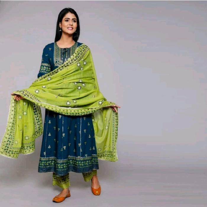 Laqueens Demoda kurta set Anarkali hijau Tosca baju India dupatta palazzo Wanita Muslim Dress Celan