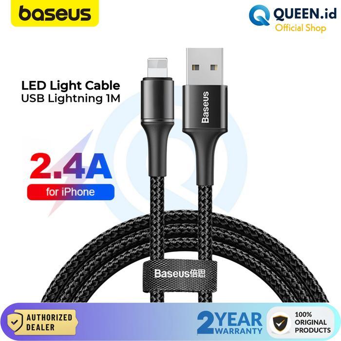 Baseus Halo LED Kabel Data Charger USB Lightning iPhone 2.4A 1M 100cm Fast Charging Braided Nylon