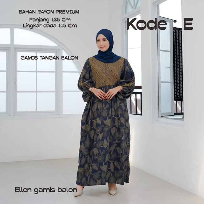 Gamis wanita rayon premium lengan tangan balon batik bahan tebal baju  lebaran  lesti Gamis Muslim E