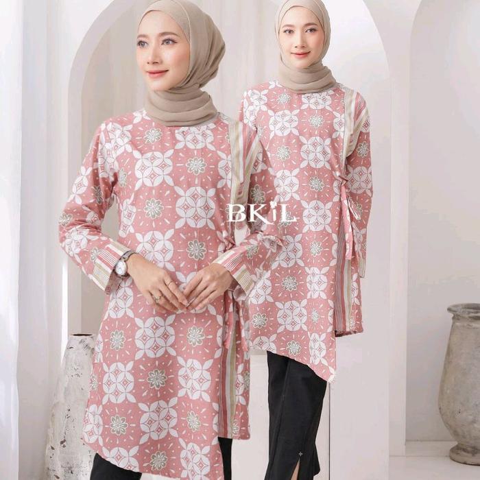 BKiL atasan baju batik wanita cewek tunik salur warna soft pink merah muda coklat muda biru dan hija
